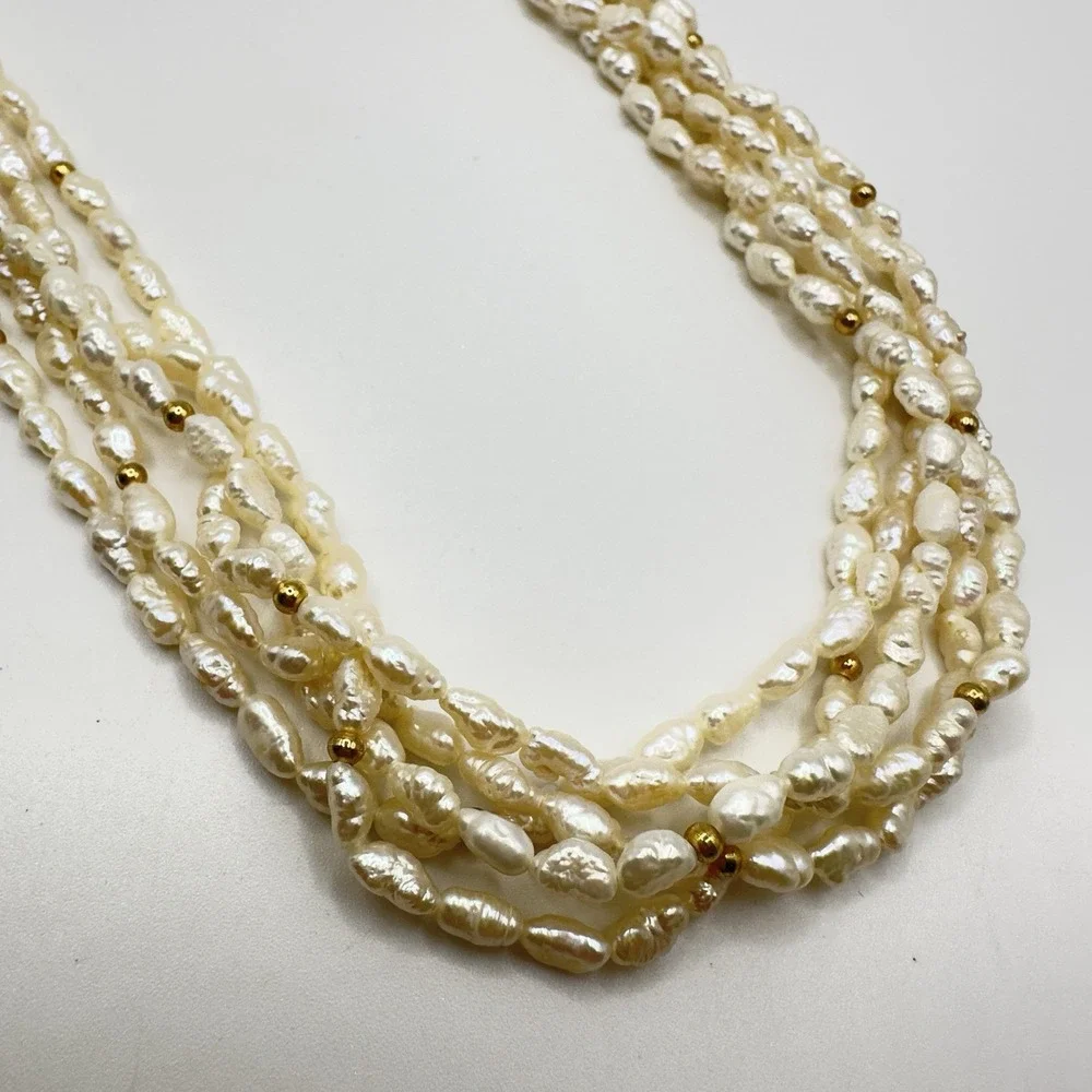 Vintage Multi-Strand Freshwater Rice/Seed Pearl Necklace Gold Tone Clasp 18" - Picture 3 of 14